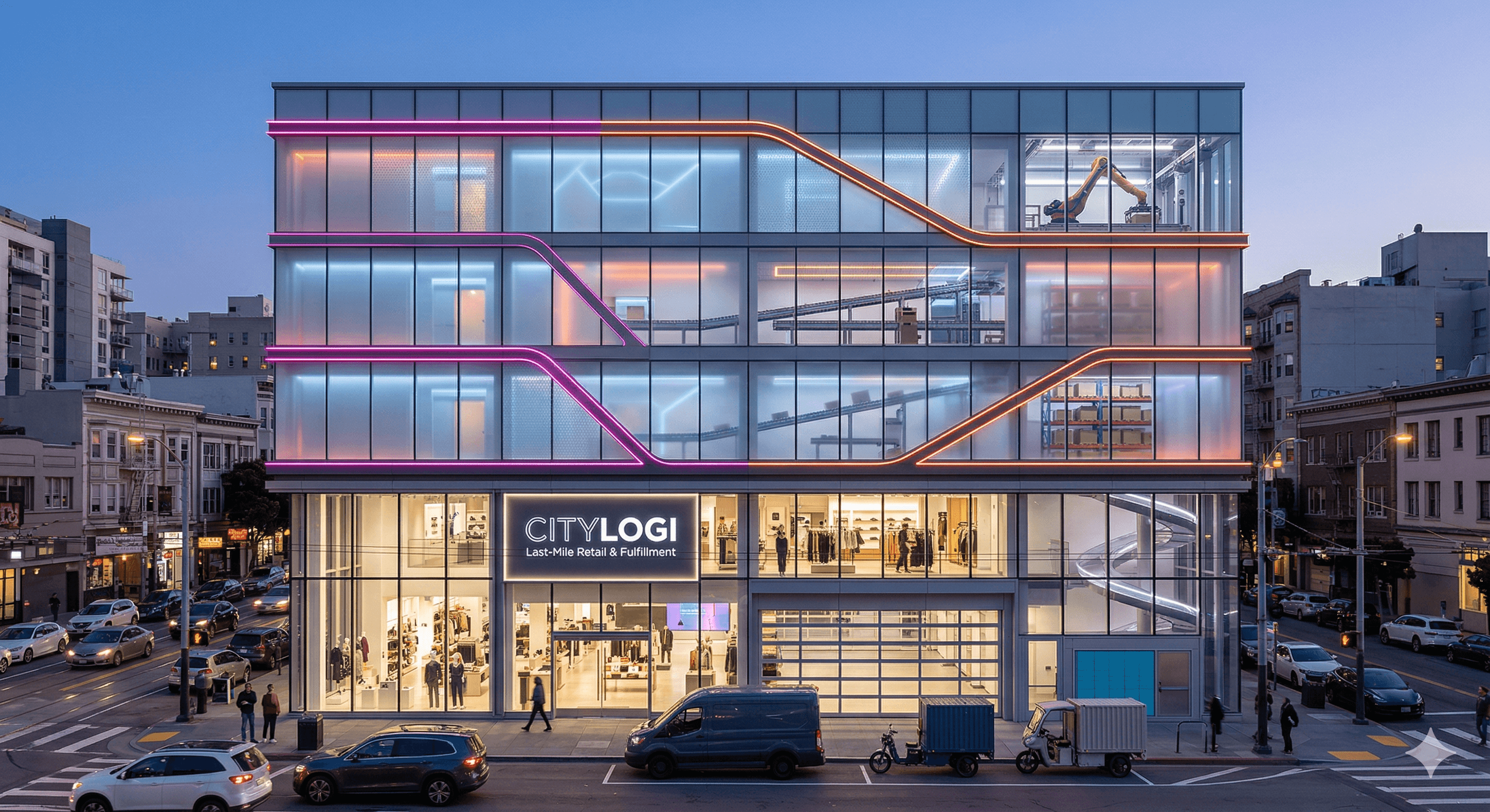 Logistics Townhouse Fassade mit integrierter Fulfillment-Infrastruktur